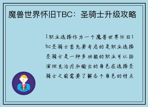 魔兽世界怀旧TBC：圣骑士升级攻略